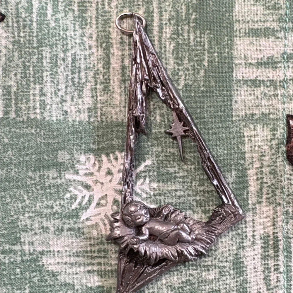 Vintage Pewter Manger Christmas Ornament, OS
